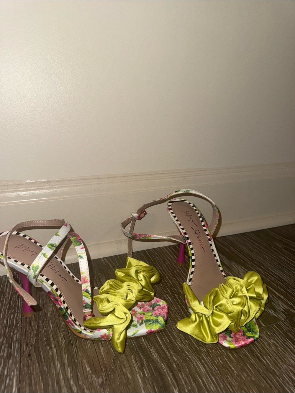 Betsey Johnson Lime Green Ruffle Floral Ankle-Strap Heel with Pink Stiletto - Picture 3 of 5